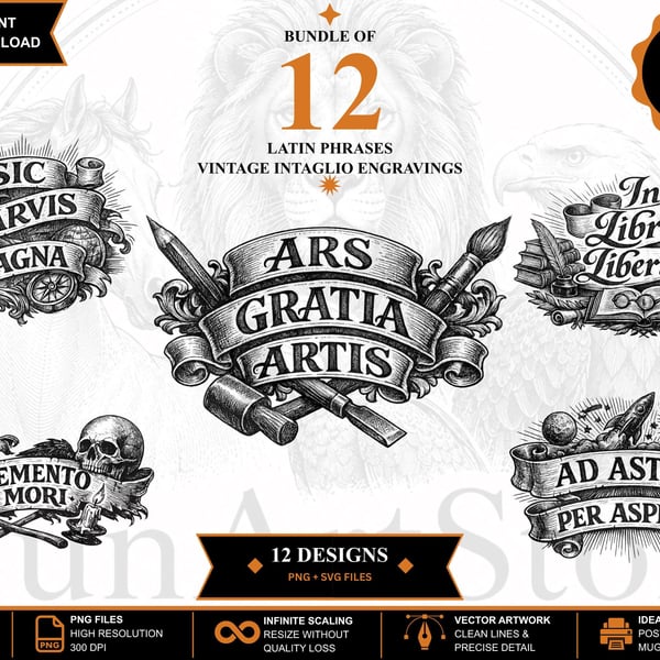 Vintage Latin Phrase SVG Bundle Engraved Quotes, Memento Mori, Carpe Diem (Digit