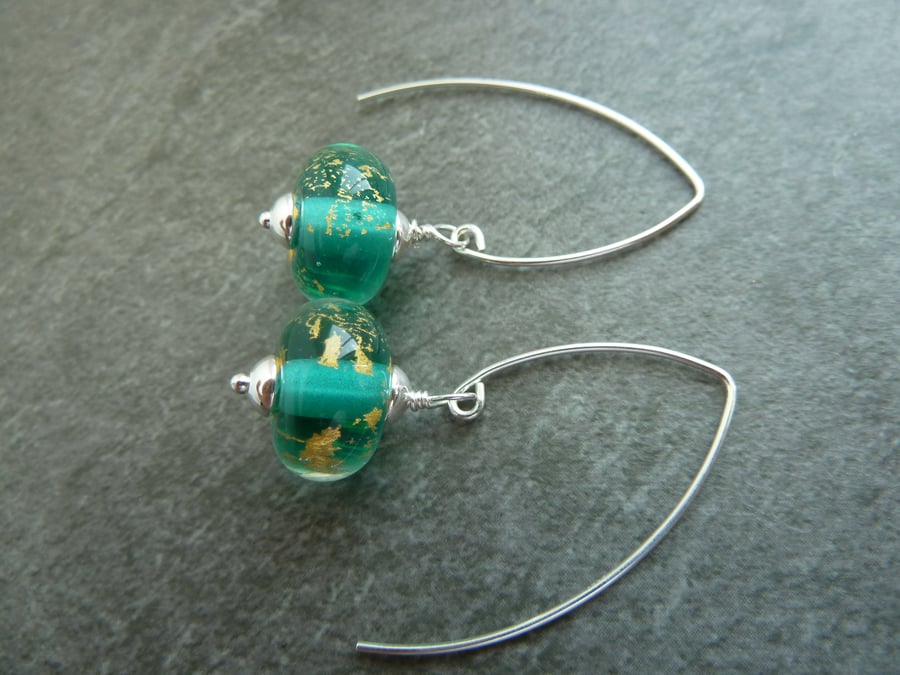 sterling silver earrings, teal and gold leaf