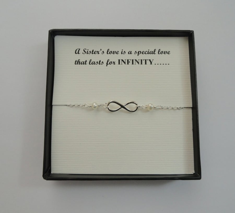 Sister gift, Sterling silver infinity freshwater pearl bracelet