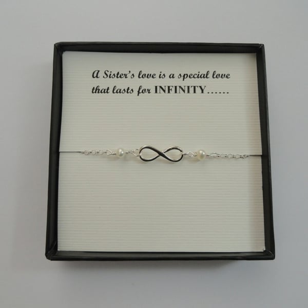 Sister gift, Sterling silver infinity freshwater pearl bracelet