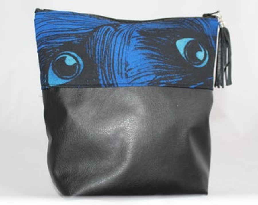 zip up blue bag, handprinted peacock print,make up bag,Seconds Sunday, gift