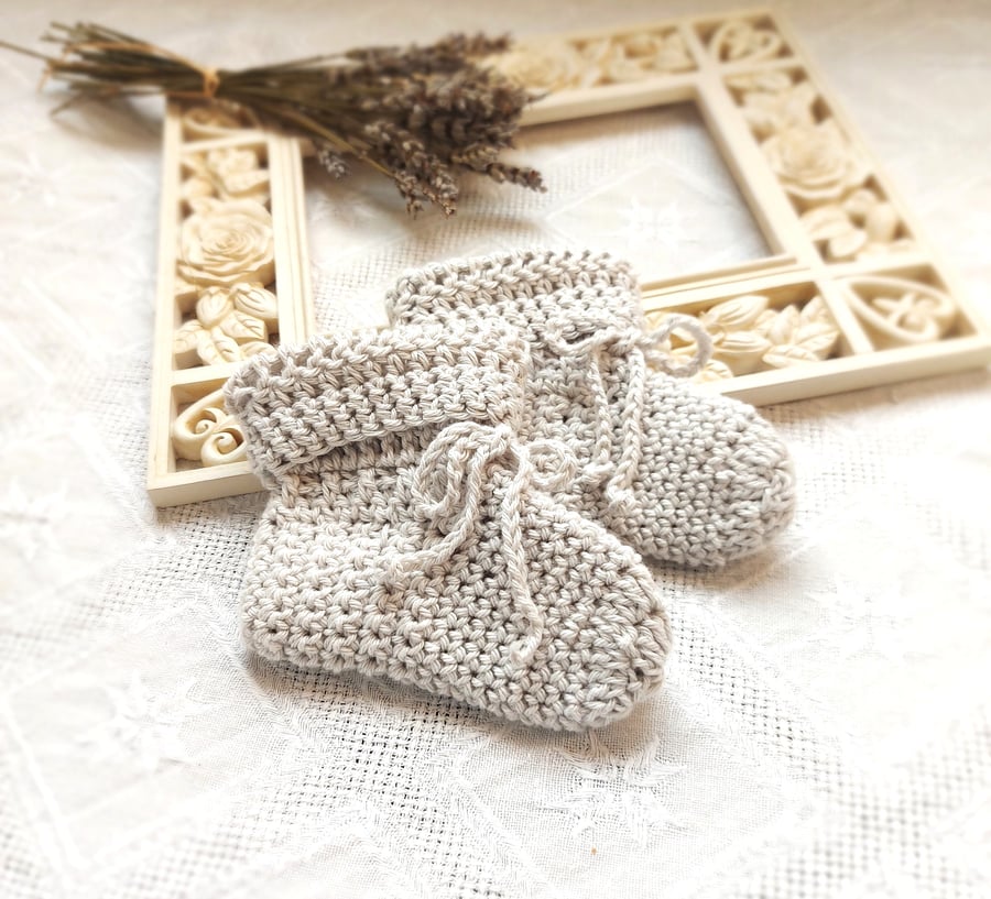 Organic Baby Booties, certified cotton, light grey, 0-3 up to 6 months