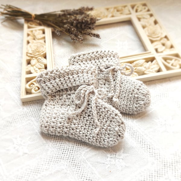 Organic Baby Booties, certified cotton, light grey, 0-3 up to 6 months
