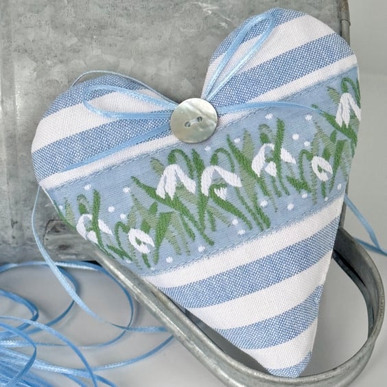 SNOWDROP HEART - with lavender or wool - fabric heart decoration - blue