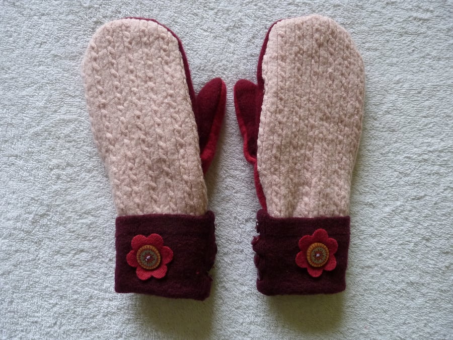 Mittens Created from Up-cycled Wool Jumpers. Fully Lined. Burgundy Button Cuff
