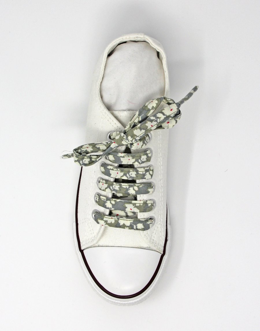 Olive Grey Floral Shoelaces, Also in Pink, Turquoise, Navy, 