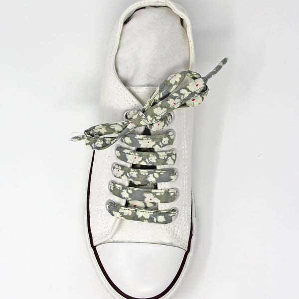 Olive Grey Floral Shoelaces, Also in Pink, Turquoise, Navy, 