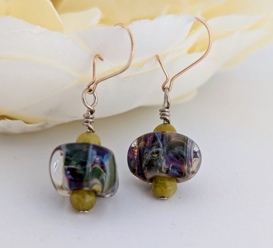 Lampwork Art Glass Drop Earrings: Mauve and Green, Gold Filled Earwires