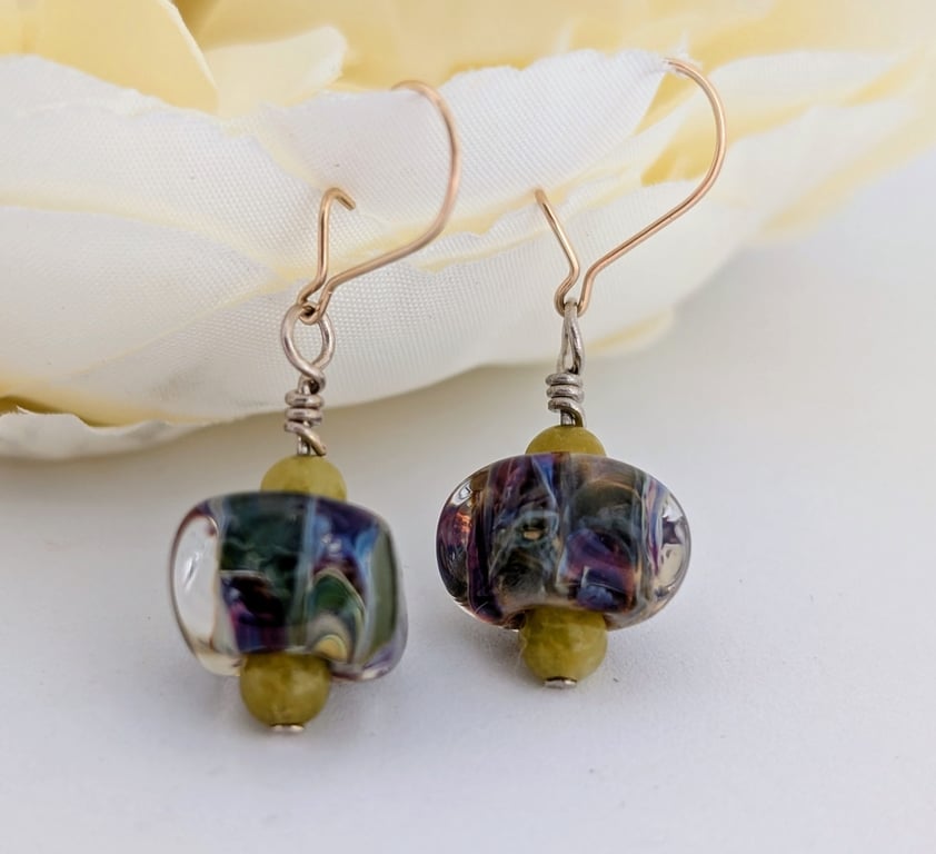 Lampwork Art Glass Drop Earrings: Mauve and Green, Gold Filled Earwires
