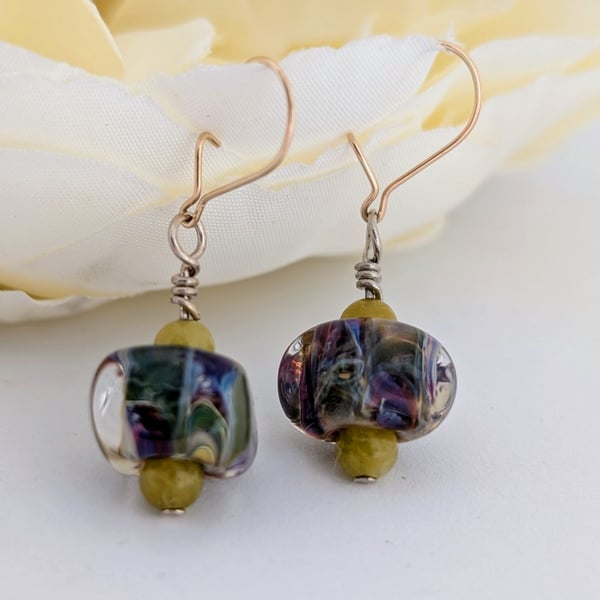 Lampwork Art Glass Drop Earrings: Mauve and Green, Gold Filled Earwires