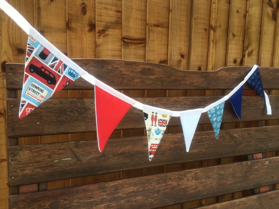 London Bunting, with Famous British UK Icons in Red, White and Blue