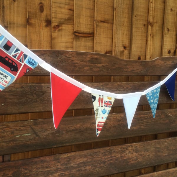 London Bunting, with Famous British UK Icons in Red, White and Blue