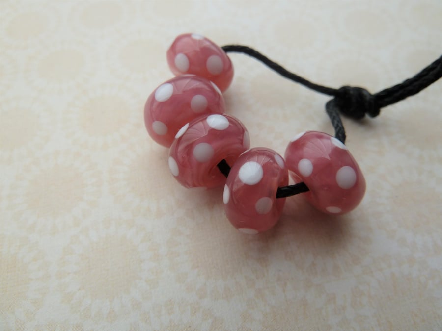 handmade lampwork pink and white spot beads