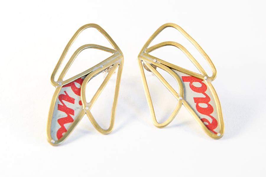 Medium Brass Abstract Wing White and Red Stud