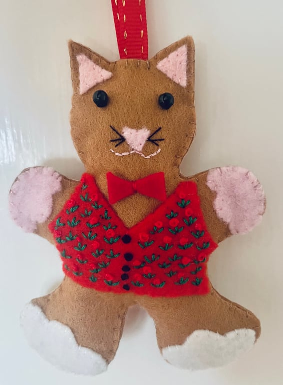 Gingerbread felt cat hanging decoration 