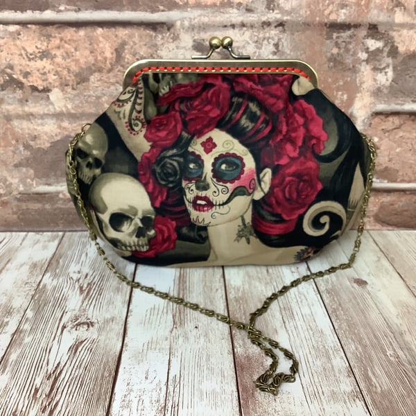 Gothic day of the dead small fabric frame clutch makeup bag handbag purse 