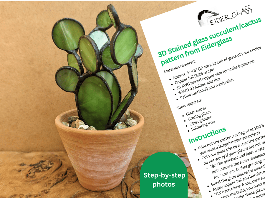 Stained Glass Pattern for 3D Cactus Succulent, Tutorial, PDF Digital File