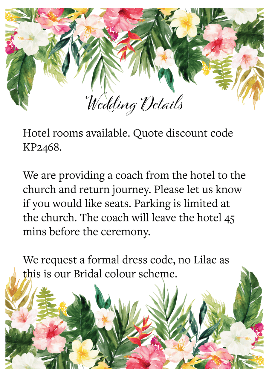 Botanical Wedding Details Card. Floral Wedding Information Insert