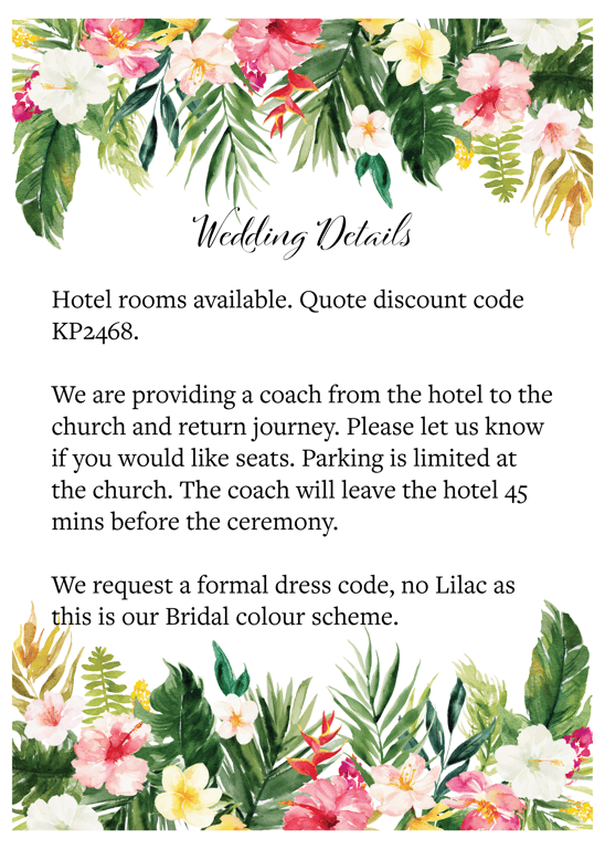 Botanical Wedding Details Card. Floral Wedding Information Insert