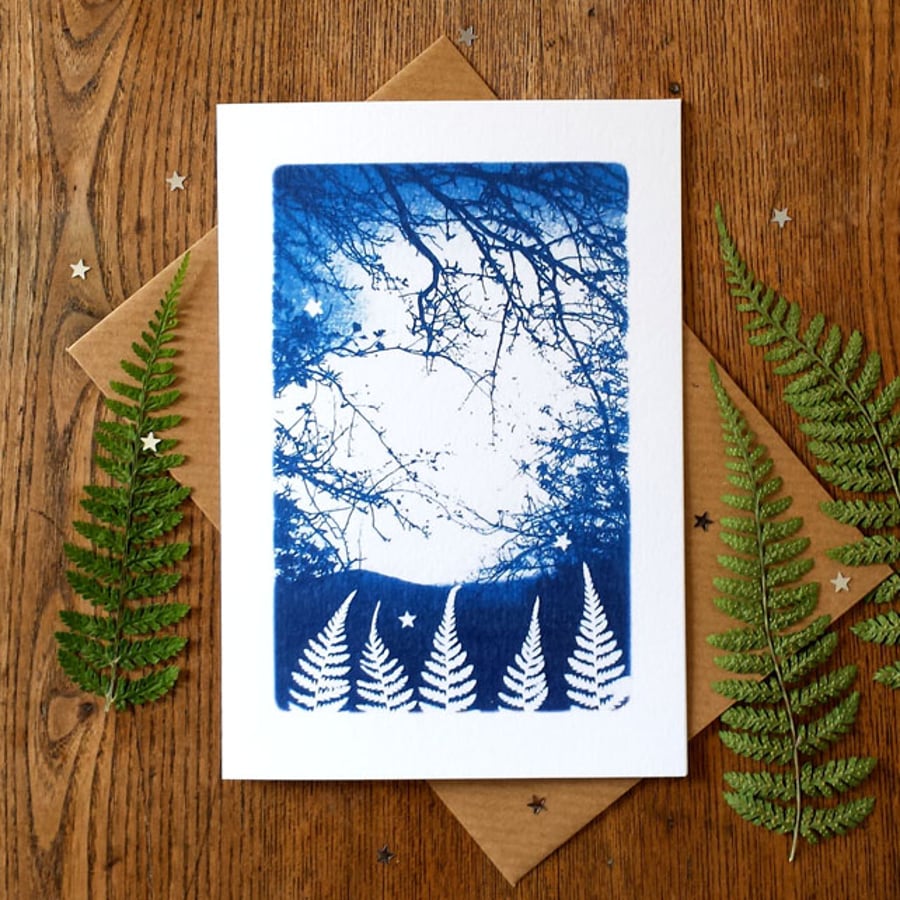 Magical Fern Forest Blue Cyanotype Card
