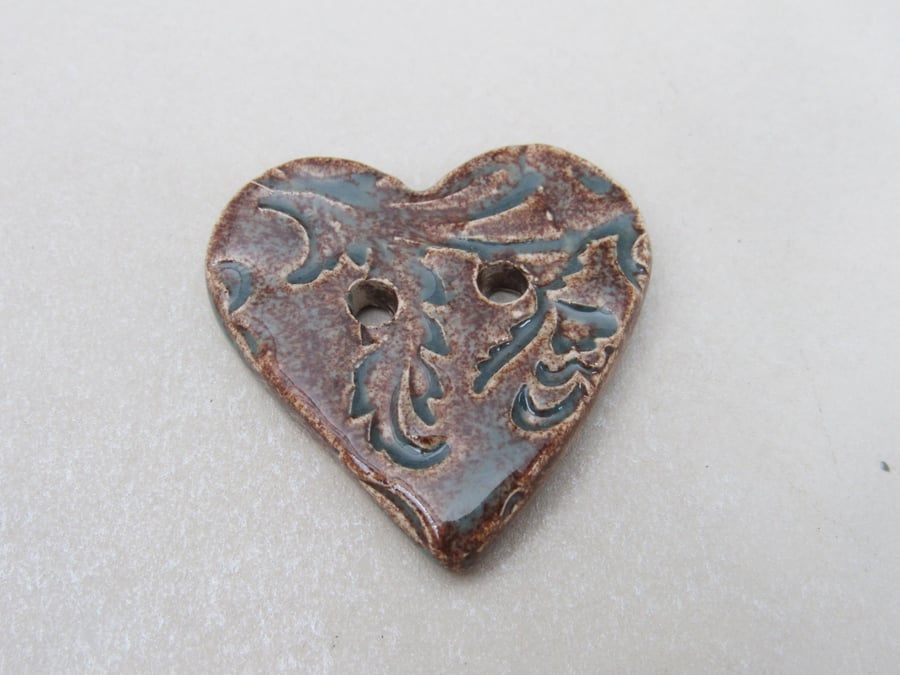 Medium Sedge Green Brocade Texture Heart Shaped Ceramic Button