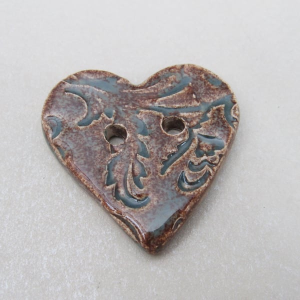 Medium Sedge Green Brocade Texture Heart Shaped Ceramic Button