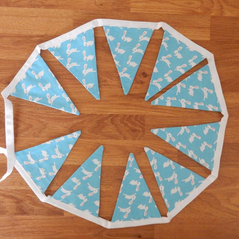 Mini bunting white rabbits on blue for Easter or nursery