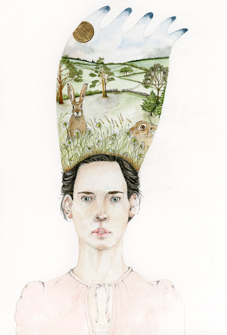 Good Hare Day. Watercolour painting of woman with Hares on her head.