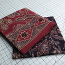 Cotton block print FQs - burgundy red and dark blue, flower leaf border motifs