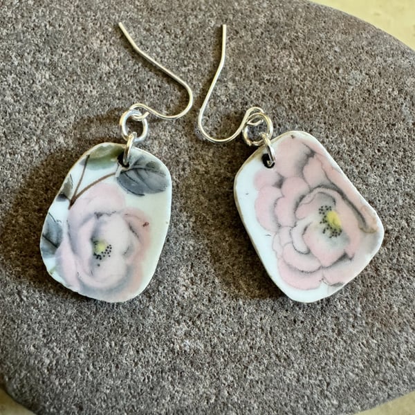 vintage upcycled crockery pink rose earrings