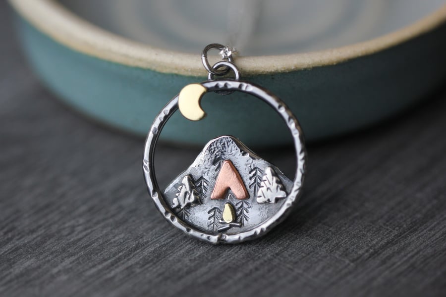 Camping under the moon necklace-Sterling silver, copper and brass-Made to order