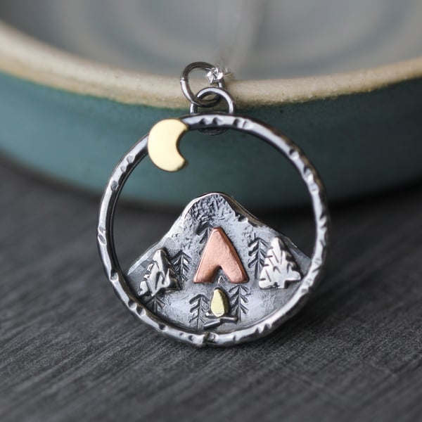 Camping under the moon necklace-Sterling silver, copper and brass-Made to order
