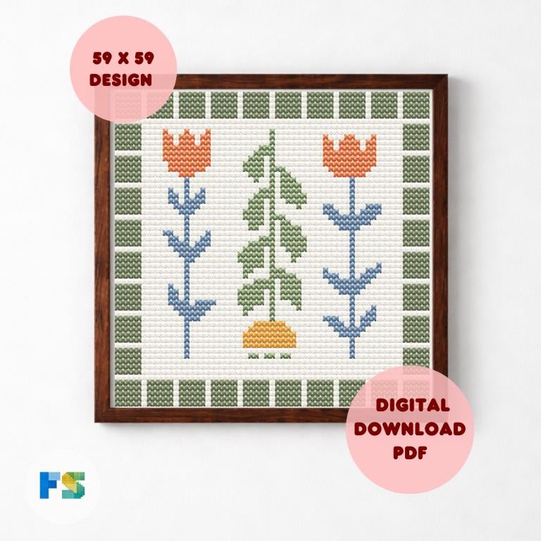 Abstract Flowers Cross Stitch Pattern (Needlepoint Compatible)