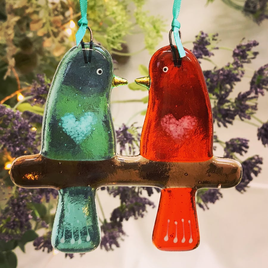 Fused glass Love Birds - Pale Aquamarine & Orange