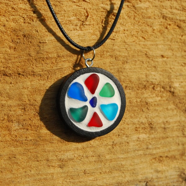 Wooden pendant with beach glass mosaic