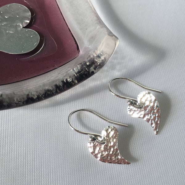 Sterling Silver Heart Earrings, Handmade Earrings, Textured Dangle Earrings