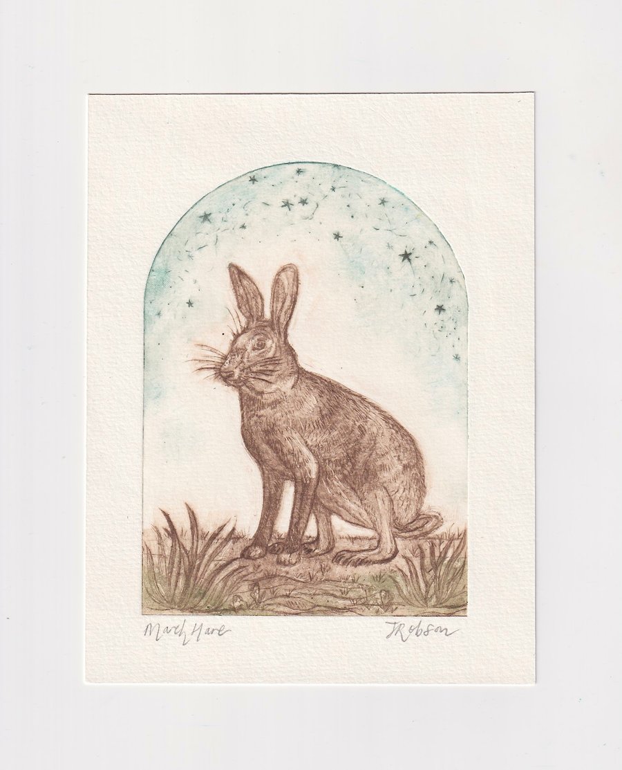 March Hare Drypoint Print - Original Printmaking Art 