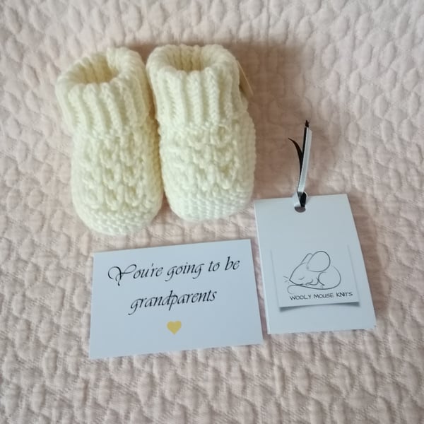 Hand knitted baby booties, gender reveal, pregnancy announcement 