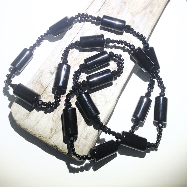 Long Chunky Black Bead Necklace - UK Free Post