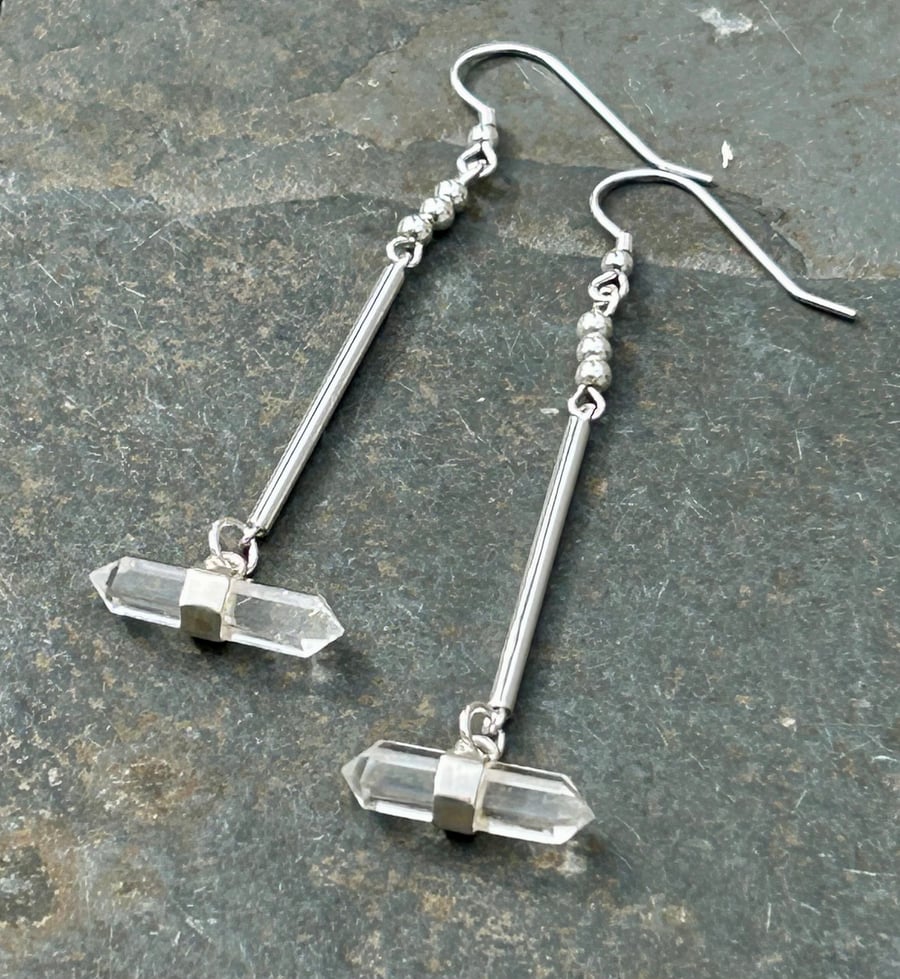Long Sterling Silver Earrings with Rock Crystal
