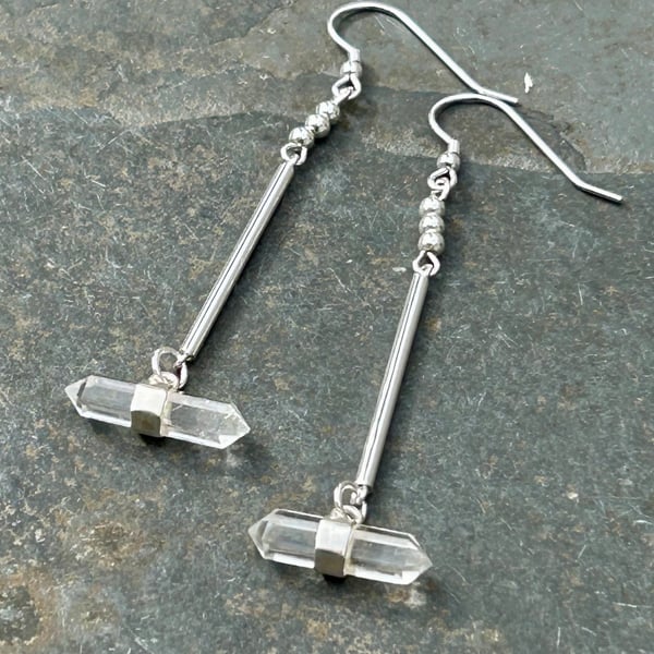 Long Sterling Silver Earrings with Rock Crystal