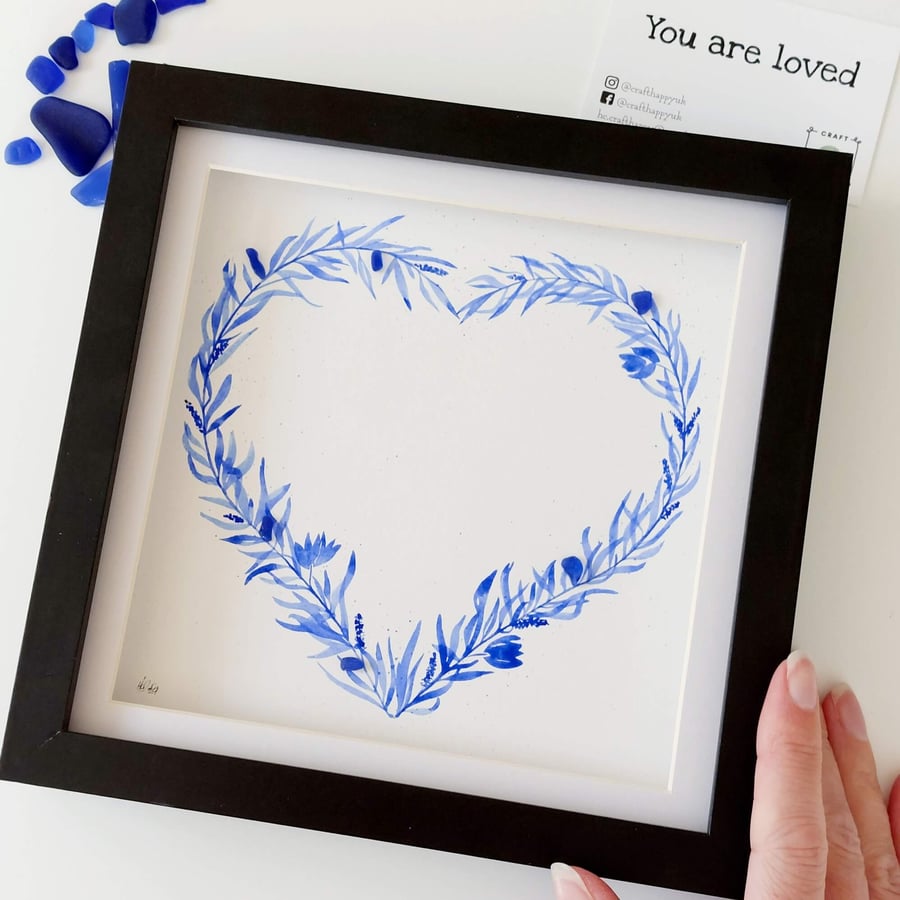 Blue Sea Glass Watercolour Flower Heart Picture - Framed Wall Art