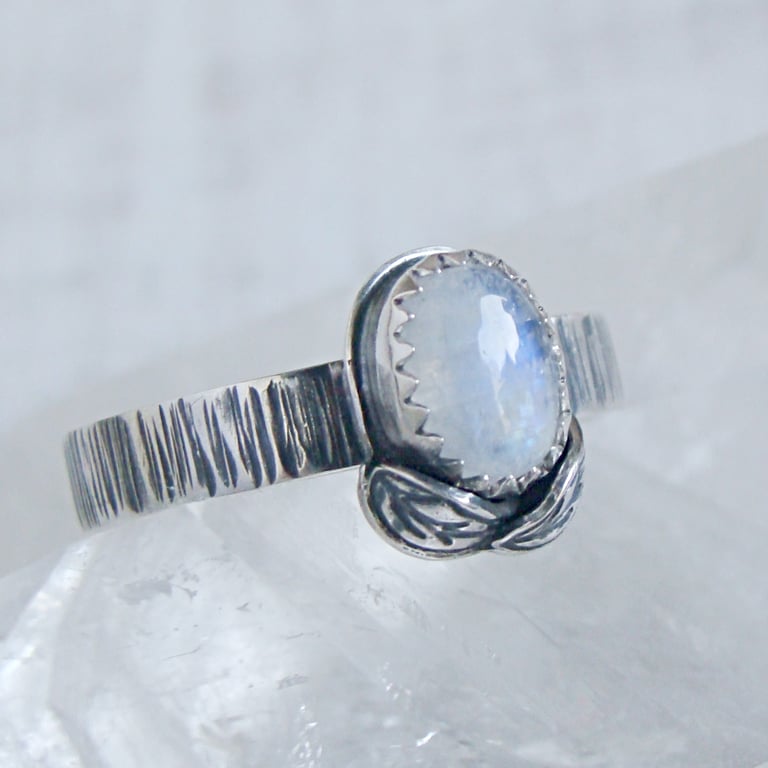 Size N Sterling Silver Oval Moonstone Woodland Leaf Ring No.2 