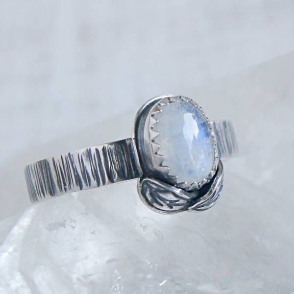 Size N Sterling Silver Oval Moonstone Woodland Leaf Ring No.2 