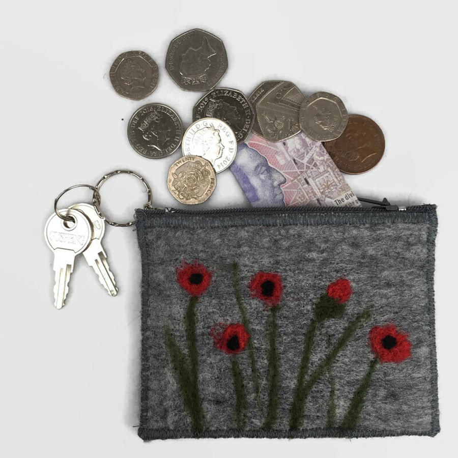 Coin purse, grey felt with poppy design and integral keyring and external pocket