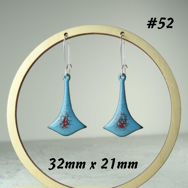 Blue and red bellflower shaped glass enamelled copper drop earrings, 32x21mm