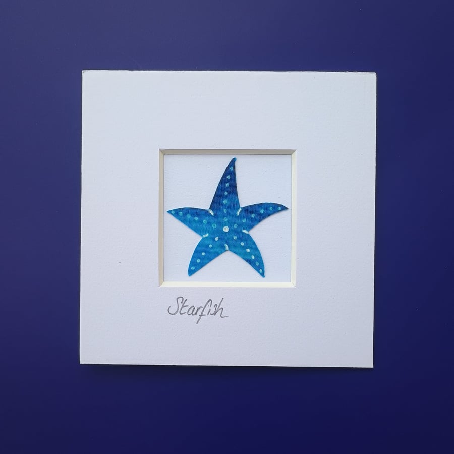 A blue batik 'Starfish' fabric picture - 4x4 inches including mount