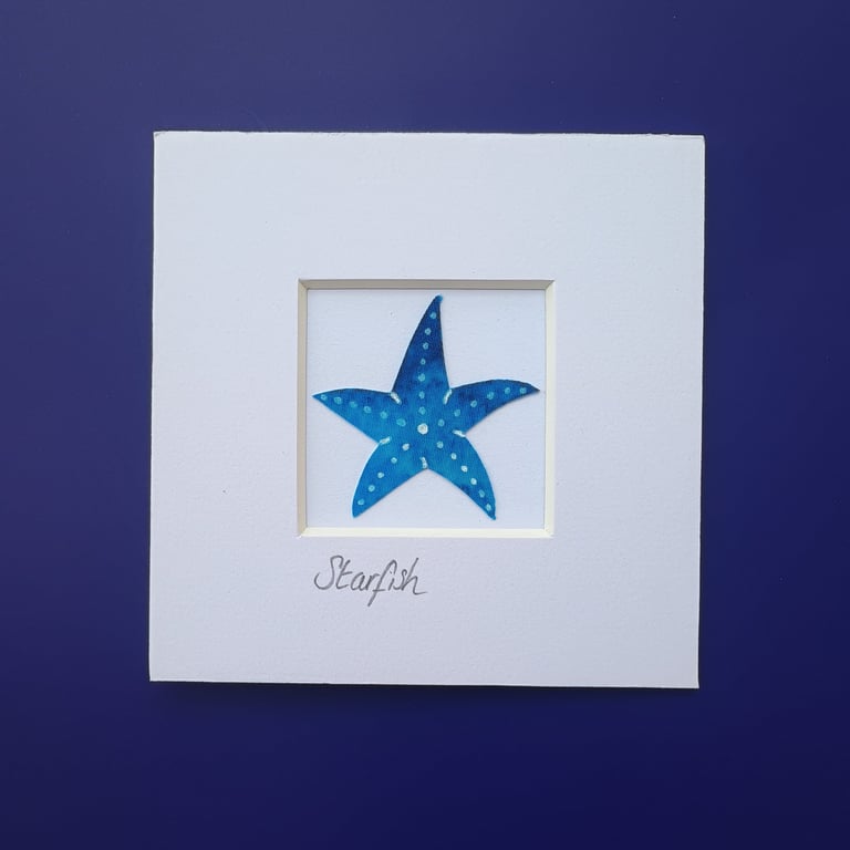 A blue batik 'Starfish' fabric picture - 4x4 inches including mount