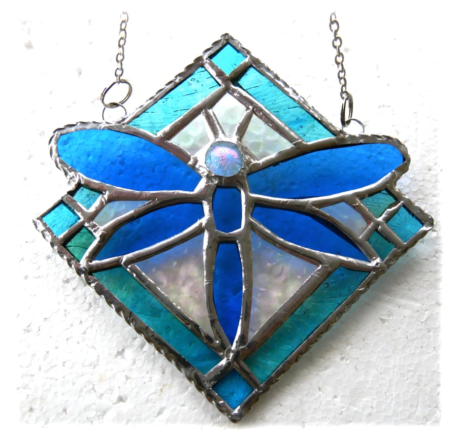 Dragonfly Framed Stained Glass Suncatcher Sky Blue Teal Tile