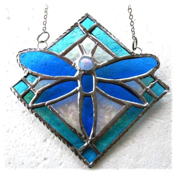 Dragonfly Framed Stained Glass Suncatcher Sky Blue Teal Tile